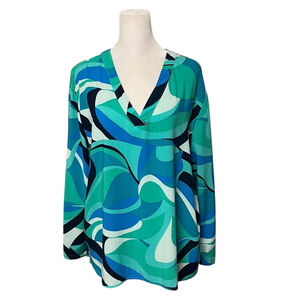 Natori Green Blue Vneck Swirl Print Blouse Size Medium